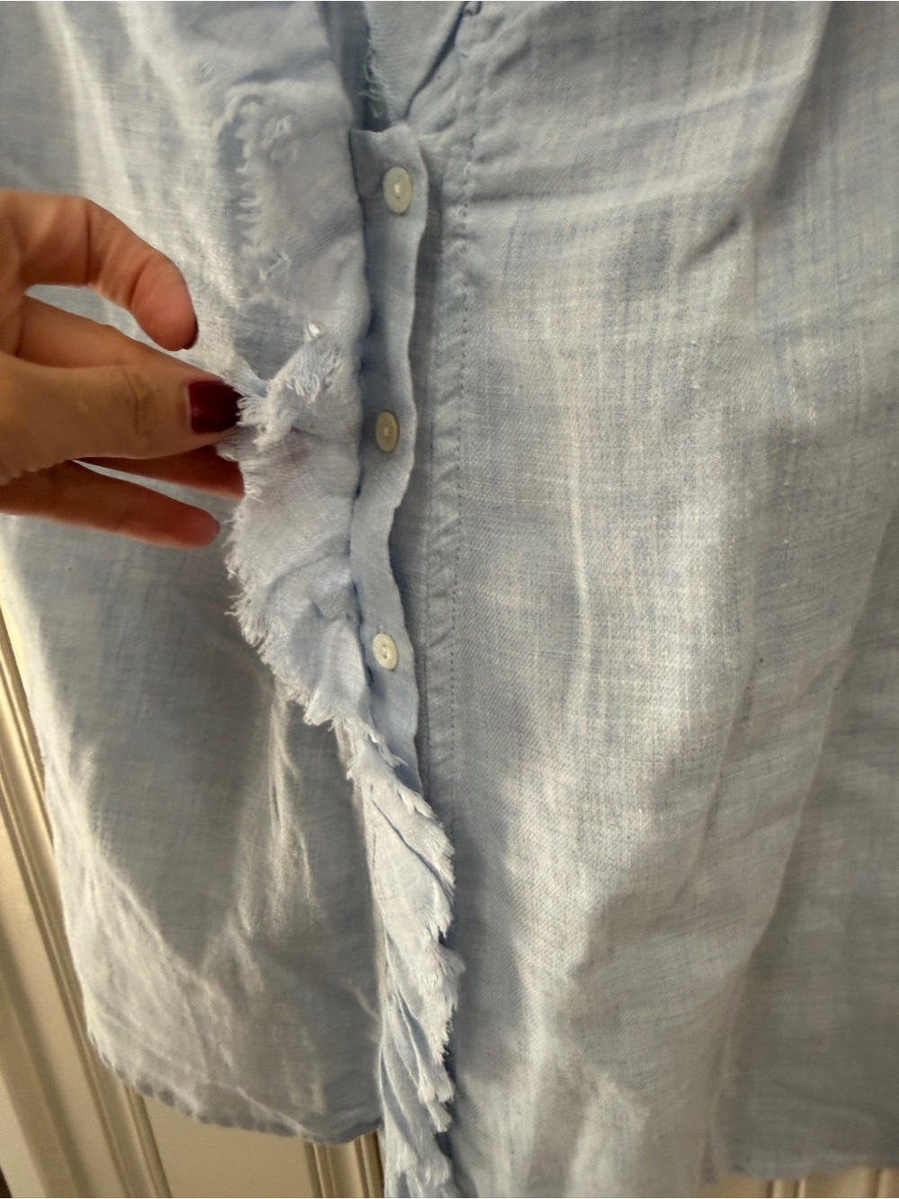Dylan Sleeveless Ruffle-Trim Chambray Top in Light Blue | Size Small - Picture 3 of 8